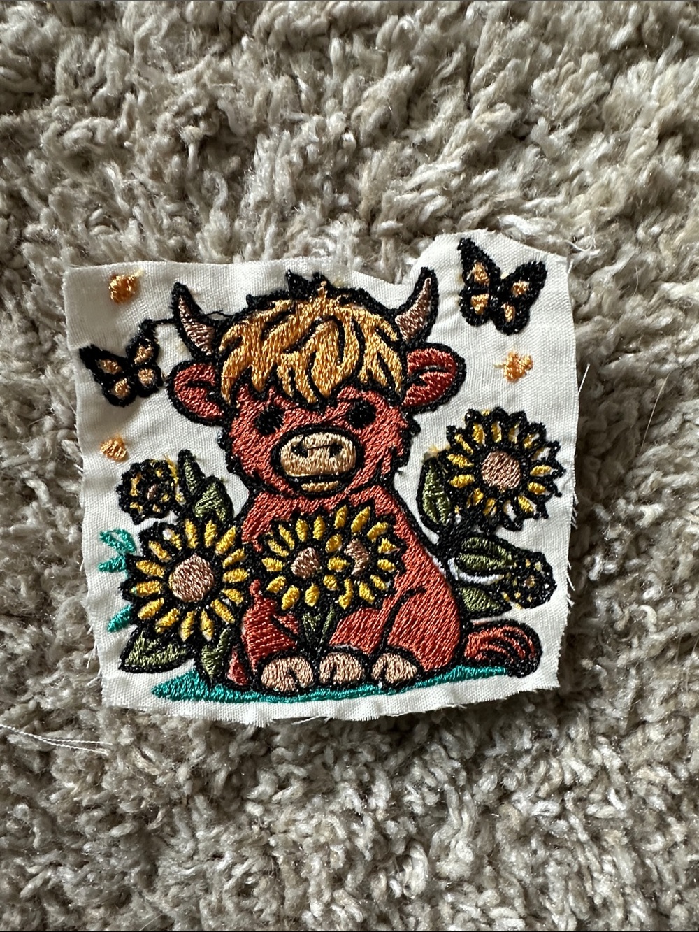 Sunflower Highland Cow Embroidered Patch - Rust and Yellow